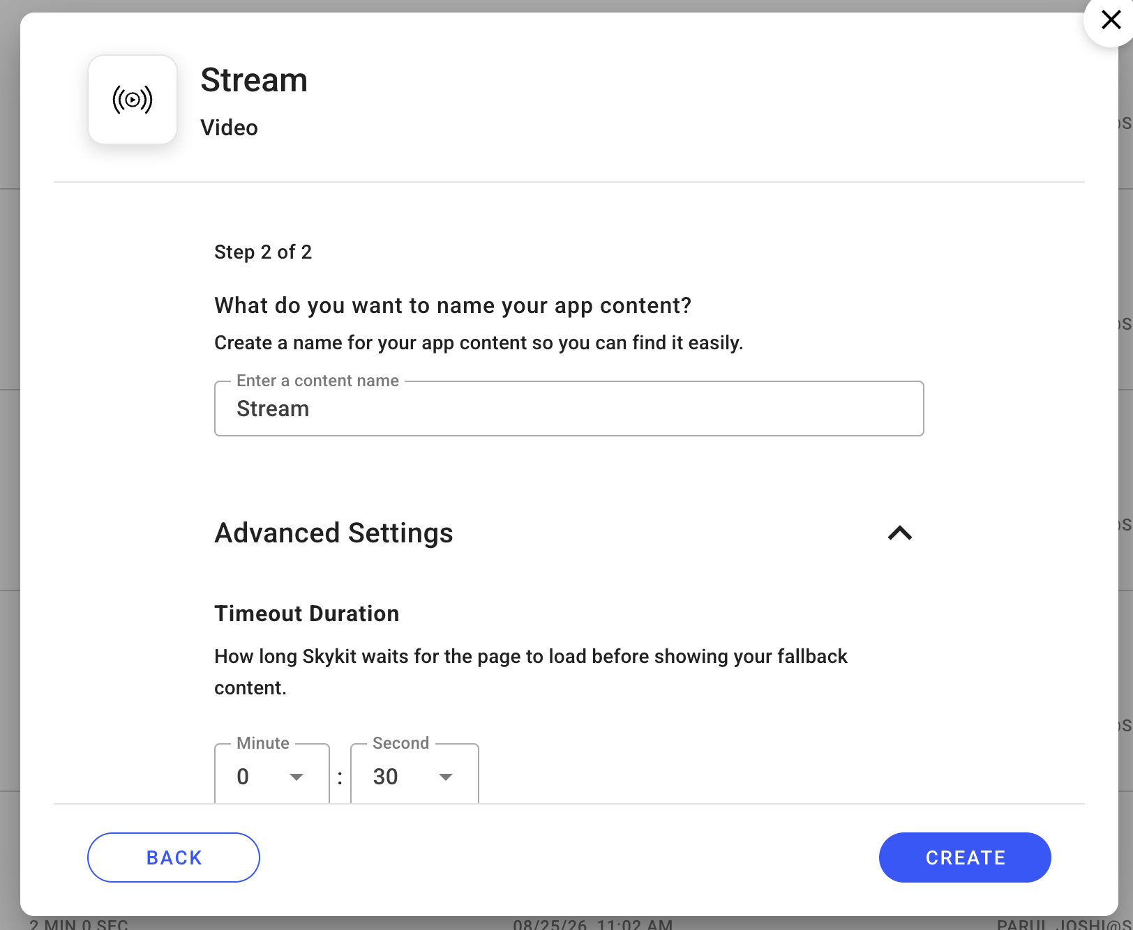 Step 2 of app content creation, naming and advanced settings for timeout duration.